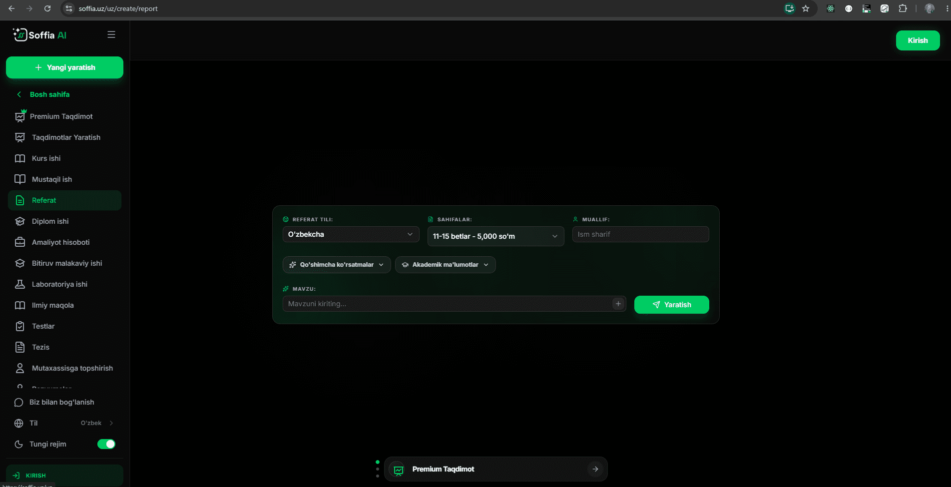Referatlar (Reports) Creation Interface