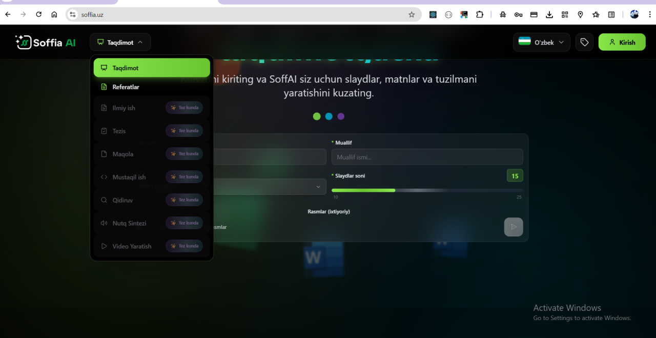 Referatlar (Reports) Creation Interface